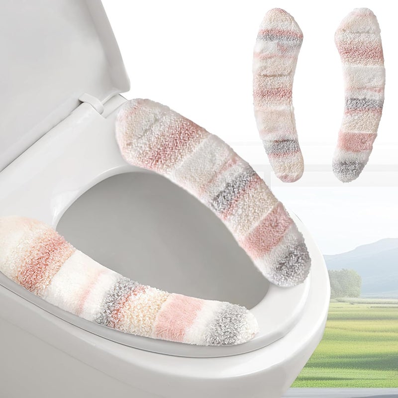 Iensen Thick and Warm Plush Toilet Seat Cover – Washable, Reusable Cushion with TPR Adhesive & Parallel Stripe Design for Comfort & Insulation (Pink) - Image 1